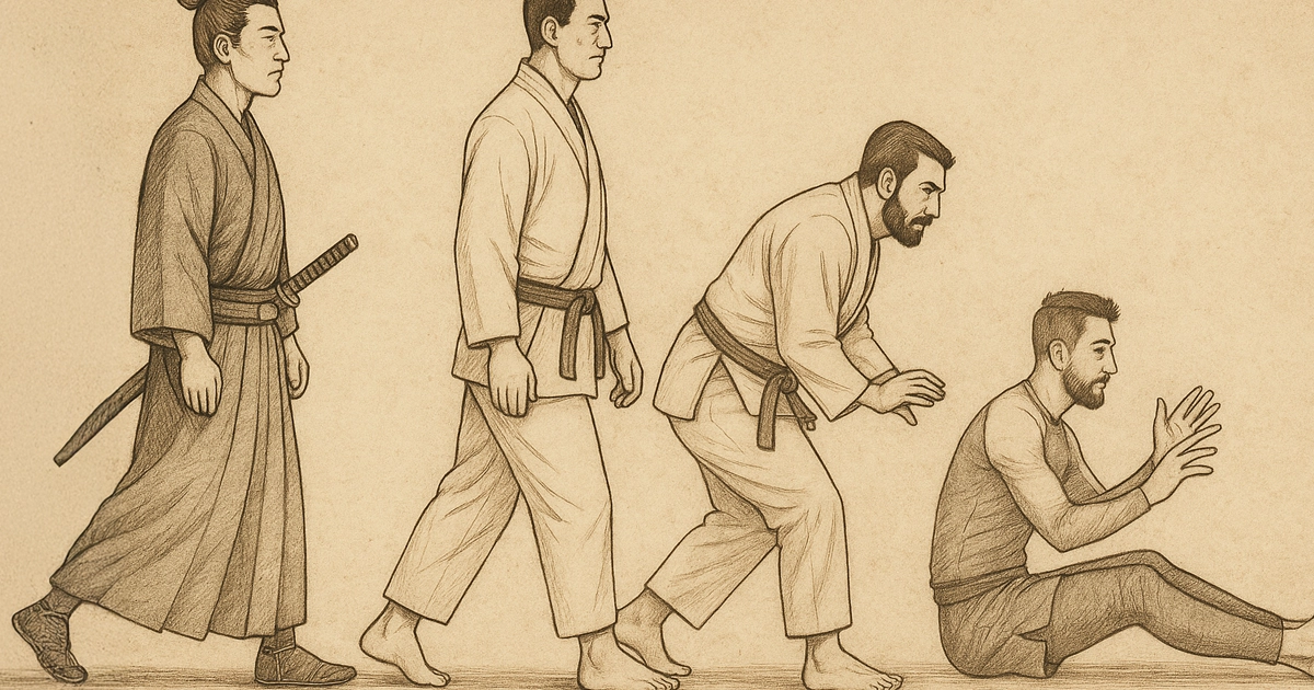 Sepia-toned illustration showing the evolution of martial arts through four male figures: a samurai with a katana, a Judoka in a white gi, a crouching Brazilian Jiu-Jitsu practitioner, and a seated No-Gi grappler in rashguard, representing the progression from classical Japanese Jujutsu to modern sport Jiu-Jitsu.
